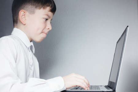 Schoolboy in white shirt diligently looks at the laptop screen on a gray backgroundの写真素材