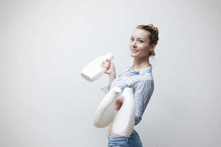 Woman holding a milk containerの写真素材