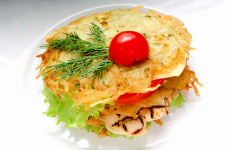 Potato pancake chicken burgerの写真素材