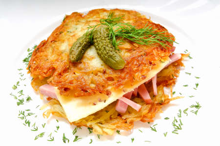 Potato pancake burger with ham and cheeseの写真素材