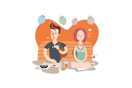 Couple at sushi bar. Young man and girl on the date. Creative colorful flat vector cartoon character illustration.のイラスト素材