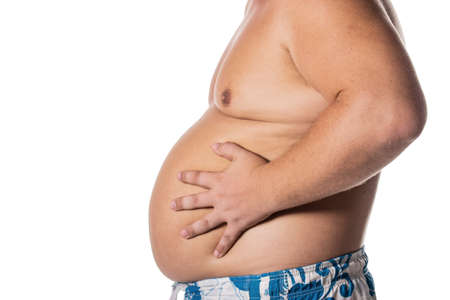 Fat man with big belly. Health problems. Obesity, a sick liver