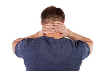 Man holding his neck trying to relieve painの写真素材