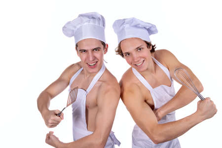 Handsome sexy chef with apron on naked muscular bodyの写真素材