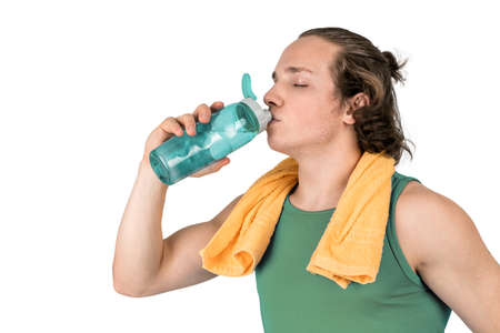 Handsome young man lifting dumbbell. White background