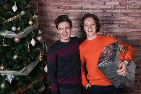 Two funny young men celebrating christmasの写真素材