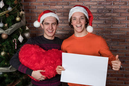 Two funny young men celebrating christmasの写真素材