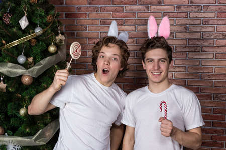 Two funny guys in suits rabbits celebrating christmas over brick wallの写真素材