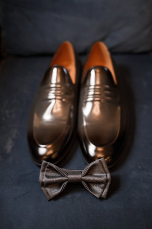 Morning details of a stylish groom with leather shoesの写真素材