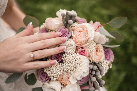 Beautiful bride holding a delicate bouquet of flowers in her hands on a wedding dayの写真素材