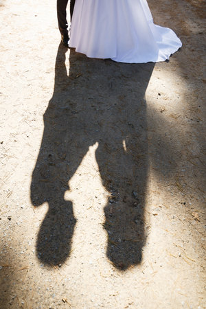 Bride cuddle with groom on wedding dayの写真素材