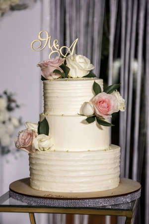Beautiful tiered delicious dessert sweet cake for the holidayの写真素材