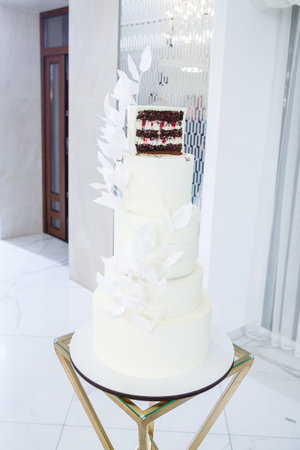 Delicious sweet layered fresh cake for the holiday with beautiful decorationsの写真素材