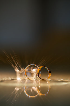 Wedding rings with yellow gold, set of wedding rings.の写真素材