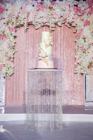 Delicious sweet layered fresh cake for the holiday with beautiful decorationsの写真素材