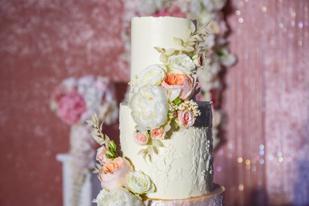 Delicious sweet layered fresh cake for the holiday with beautiful decorationsの写真素材