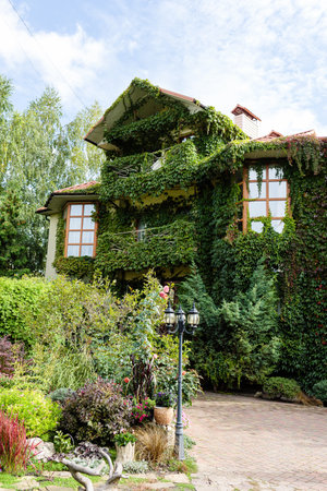 Tall country house overgrown with greenery. Eco housing. Beautiful building for people's lifeの写真素材
