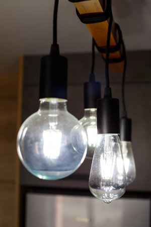 LED lamps in chandeliers indoorsの写真素材