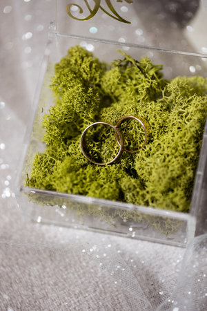 gold wedding rings on the wedding day for the newlyweds. Jewelry from expensive metalの写真素材