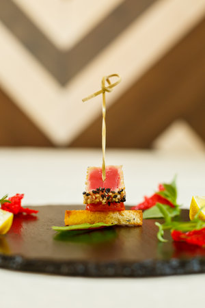 Delicious food in the restaurant on a plateの写真素材
