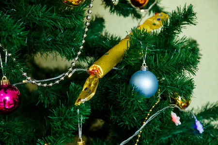 New Year toys on the tree, new year, garlandの写真素材