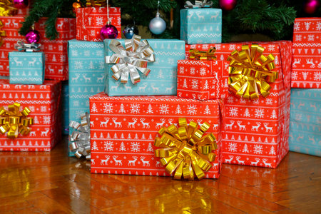Gifts, gift wrapping, bow on boxes, christmas boxesの写真素材