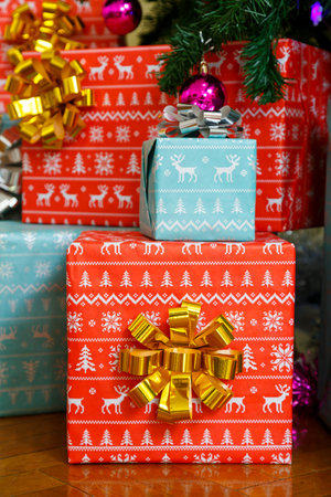 Gifts, gift wrapping, bow on boxes, christmas boxesの写真素材