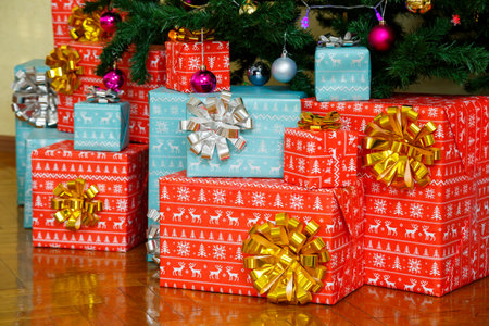 Gifts, gift wrapping, bow on boxes, christmas boxesの写真素材