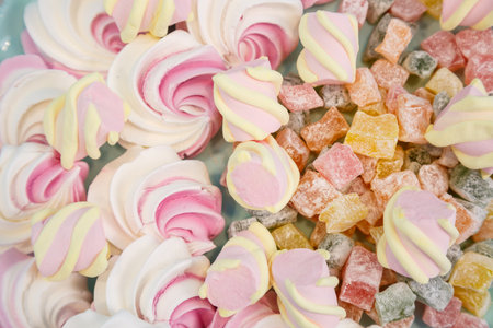 Plate with sweet fresh pink and tasty marshmallowsの写真素材