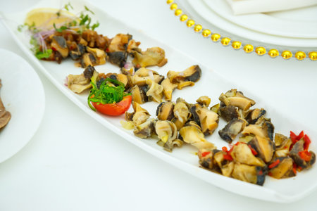 Delicious dish on the buffet table. Cold appetizers from the chef for the celebrationの写真素材