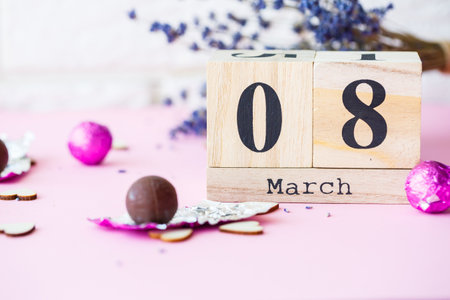 Date of March 8, International Women's Day with copy space. Wooden decorative calendarの写真素材