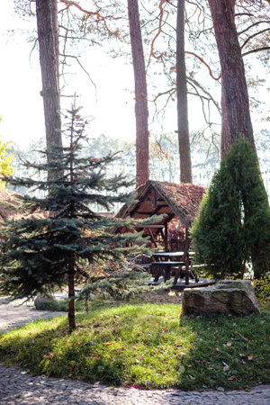 Beautiful wooden gazebo for outdoor recreation. Place in nature with a wooden houseの写真素材
