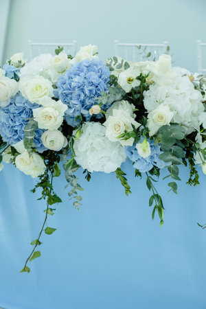 Bouquet of fresh bright flowers. Holiday decor. Accessories for the bride on the wedding dayの写真素材