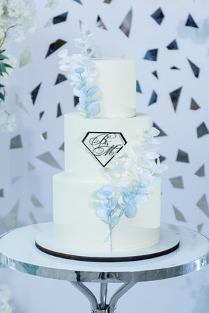 Delicious sweet layered fresh cake for the holiday with beautiful decorationsの写真素材