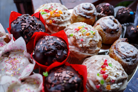 Sweet cupcakes and cakes for a children's party. Confectionery.の写真素材