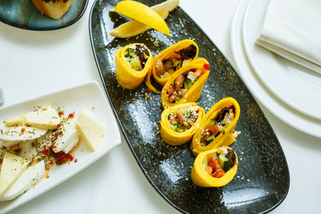 Delicious dish on the buffet table. Cold appetizers from the chef for the celebrationの写真素材