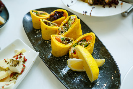 Delicious dish on the buffet table. Cold appetizers from the chef for the celebrationの写真素材