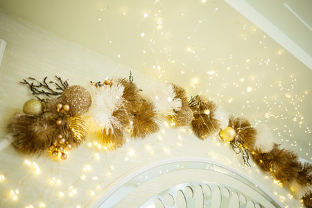 Beautiful wedding arch of flowers for the newlyweds. Decoration on a holidayの写真素材