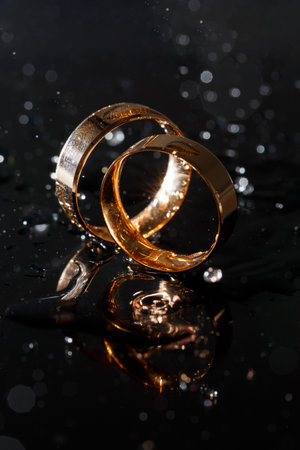 Wedding rings with water droplets,The engagement ring set.,Beautiful silver background with wedding rings and starsの写真素材