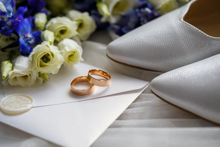Wedding shoes for the bride. White high-heeled shoes near wedding rings, wedding jewelry. Marriage conceptの写真素材
