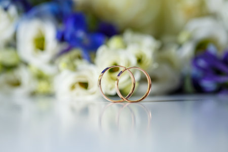 Wedding theme, beautiful wedding rings, bridal bouquetの写真素材
