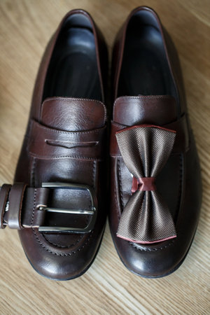 Mens elegant set of stylish groom accessories for wedding day. Men's classic shoesの写真素材