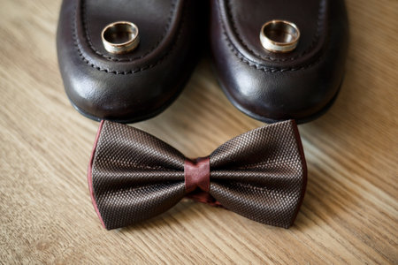 Mens elegant set of stylish groom accessories for wedding day. Men's classic shoesの写真素材