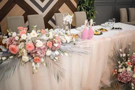 Wedding decor made of flowers and fabric. Beautiful decorations for newlyweds on their wedding day