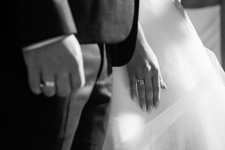 Golden wedding rings for newlyweds on their wedding dayの写真素材