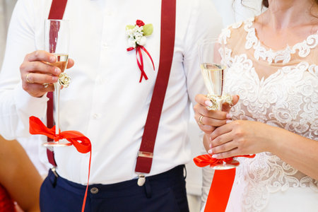 Wedding glasses for newlyweds on the wedding dayの写真素材