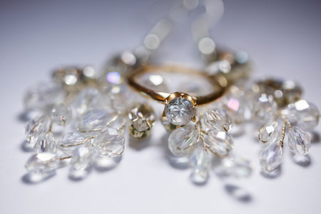 Gold wedding rings for newlyweds on wedding dayの写真素材