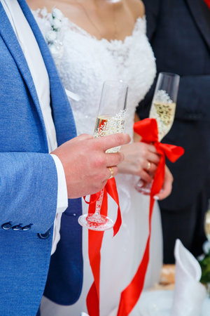 Wedding glasses for newlyweds on the wedding dayの写真素材