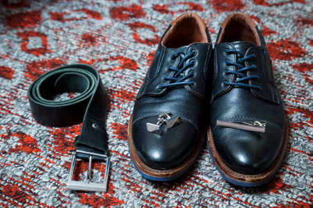men's accessories shoes, belt, tie and cufflinksの写真素材