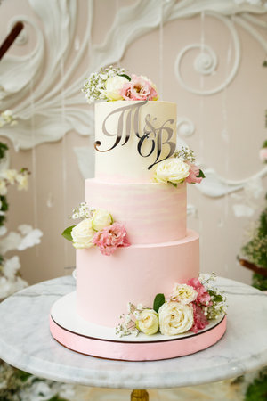 Beautiful tiered delicious dessert sweet cake for the holidayの写真素材